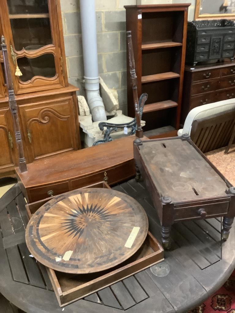 A Victorian butler's tray, 55cm and three incomplete items of furniture comprising a canterbury base, an inlaid table top and a toilet mirror base